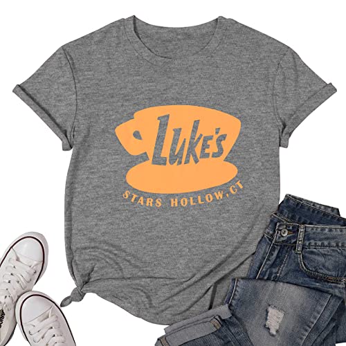 DUTUT Luke's Diner Shirt Frauen Gilmore Mädchen Vintage Luke's Coffee Logo Leichtes Gewicht Crew T-Shirt Sterne Hohl Tops, grau, Groß von DUTUT