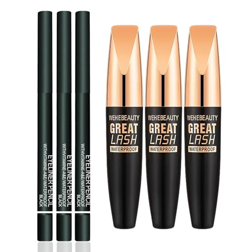 Wehebeauty Great Lash Waterproof Mascara, 4D Waterproof Silk Fiber Thick Extension Mascara, Schwarzes Mascara-Set, Natürliche Verlängerung Und Verdichtung, Kein Verklumpen, Verschmieren (3 Set) von DUTUX