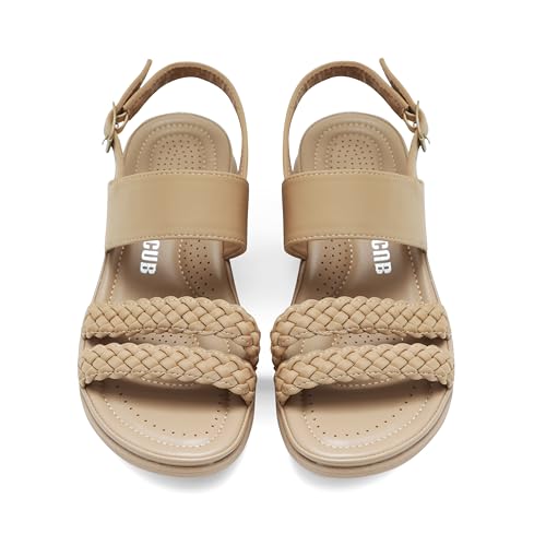 DUUCUB Damen Flache Sandalen Knöchelriemen Offene Zehe Sommer Geflochtene Sandale Strand Bequem Slingback Kleid Schuhe Beige EU 36 von DUUCUB