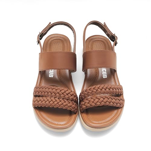 DUUCUB Damen Flache Sandalen Knöchelriemen Offene Zehe Sommer Geflochtene Sandale Strand Bequem Slingback Kleid Schuhe Camel EU 38 von DUUCUB