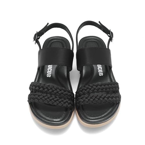 DUUCUB Damen Flache Sandalen Knöchelriemen Offene Zehe Sommer Geflochtene Sandale Strand Bequem Slingback Kleid Schuhe Schwarz EU 37 von DUUCUB