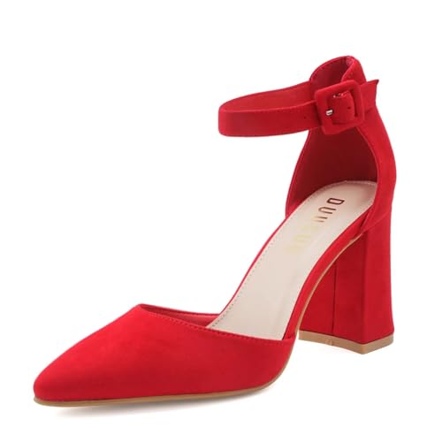 DUUCUB Low Heels Schuhe Frauen Hochzeit Knöchelriemen Kleid Geschlossene Zehe Pumps Damen Rot EU 40 von DUUCUB