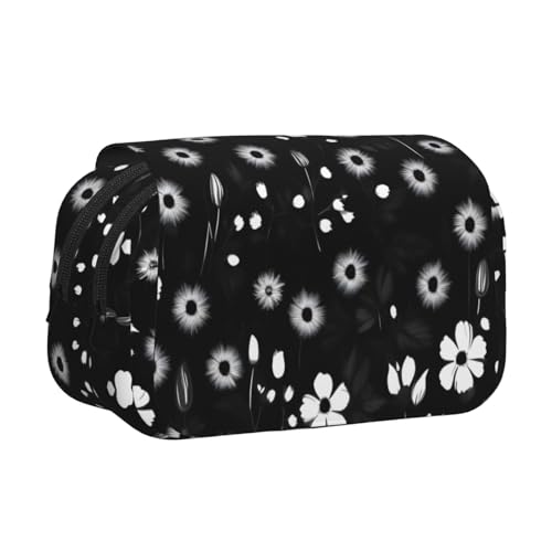DUWAA Federmäppchen mit schwarzem und weißem Blumendruck, mit Reißverschluss, transparent, Make-up-Tasche, Kosmetiktasche, Mehrzwecktasche von DUWAA