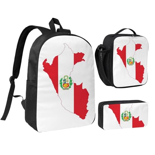 DUWAA Rucksack-Set mit Peru-Flagge, lässiger Schultertasche, Lunchtasche, Stifttasche, 3-in-1-Set, 43,2 cm, für Damen und Herren, Schwarz, Einheitsgröße von DUWAA