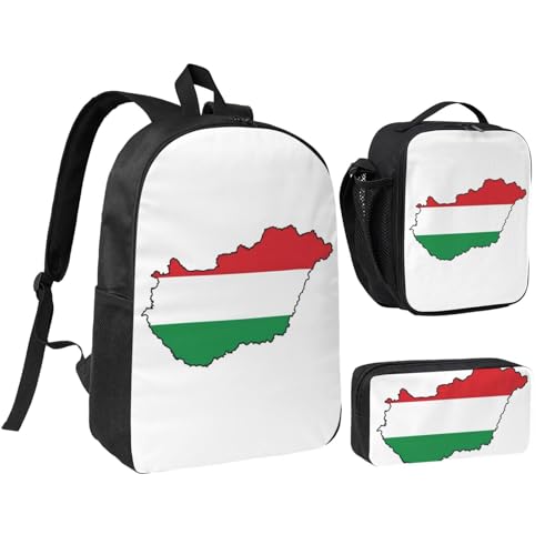 DUWAA Rucksack-Set mit Ungarn-Flagge, lässiger Schultertasche, Lunchtasche, Stifttasche, 3-in-1-Set, 43,2 cm, für Damen und Herren, Schwarz, Einheitsgröße von DUWAA