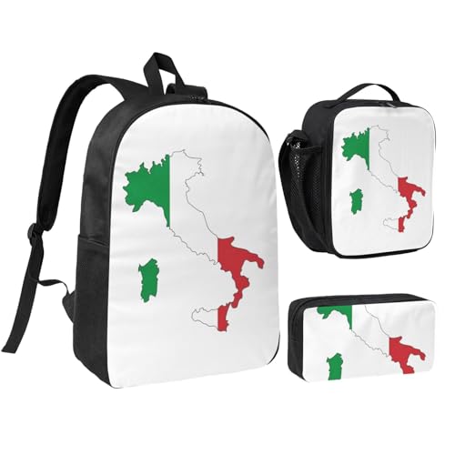 DUWAA Rucksack-Set mit italienischer Flagge, lässiger Schultertasche, Lunchtasche, Stifttasche, 3-in-1-Set, 43,2 cm, für Damen und Herren, Schwarz, Einheitsgröße von DUWAA