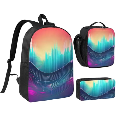 DUWAA Rucksack mit coolem Musik-Schallwellen-Druck, lässige Schultertasche, Lunchtasche, Stifttasche, 3-in-1-Set, 43,2 cm, für Damen und Herren, Schwarz, Einheitsgröße DUWAA Rucksack mit coolem Musik-Schallwellen-Druck, lässige Schultertasche, Lunchtasche, Stifttasche, 3-in-1-Set, 43,2 cm, für Damen und Herren, Schwarz, Einheitsgröße von DUWAA