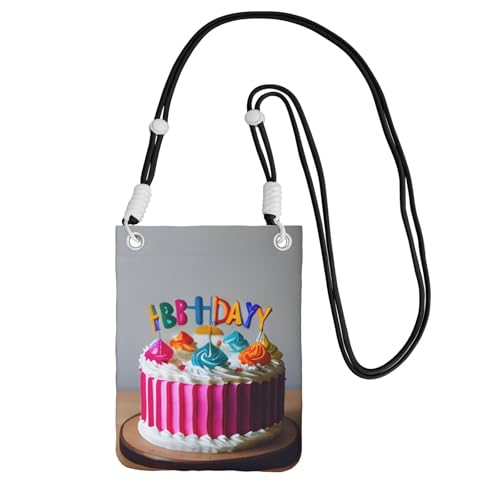 DUWAA Umhängetasche für Damen, Motiv: "Happy Birthday" mit Kuchen-Aufdruck, Umhängetasche, Geldbörse, Reise-Sport, Mini-Handytasche, Handy-Geldbörse, Schwarz, Einheitsgröße von DUWAA