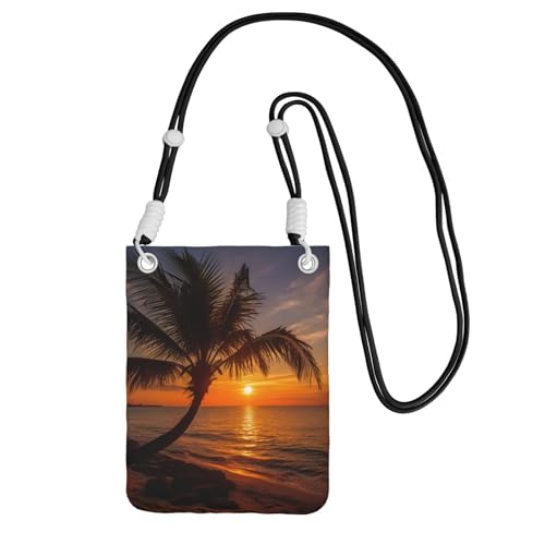 Kleine Umhängetasche für Damen, Motiv: Palme, Sonnenuntergang, trendig, Handy-Geldbörse mit verstellbarem Riemen, für Wandern, Reisen, Schwarz, Einheitsgröße von DUWAA