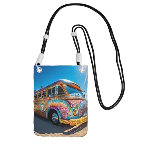 Kleine Umhängetasche für Damen, Strandbus-Druck, trendig, Handy-Geldbörse mit verstellbarem Riemen, für Wandern, Reisen, Schwarz, Einheitsgröße von DUWAA