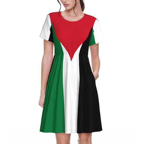 Palästina Flag1 Print Damen 2025 Sommer kurzes Kleid Rundhalsausschnitt Kurzarm A-Linie aushöhlen süße Freizeitkleider, Schwarz, Klein von DUWAA