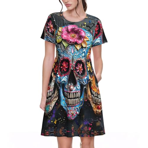 Sugar Skulls Print Damen Sommer 2025 Kurzes Kleid Rundhalsausschnitt Kurzarm A-Linie Aushöhlen Niedlich Freizeitkleider, Schwarz, Klein von DUWAA