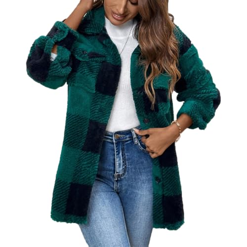 DUWEIKE Damen Karierte Fleecejacke Mantel Revers Flanell Knopf Überschnittene Schulter Trendy Warme Oberbekleidung,Grün,M von DUWEIKE