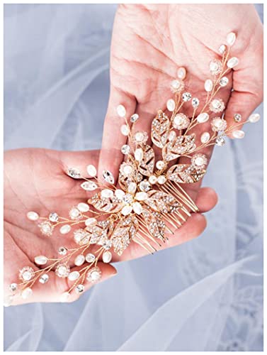 Krone Trendy Leaf Pearl Rose Gold Hochzeit Haar Kämme Tiara Braut Kopfschmuck Frauen Kopf Dekorative Schmuck Hochzeit Haar Zubehör Krone Damen (Material : Gold-color) von DUnLap