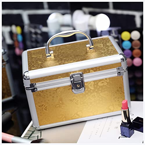 Make-up-Box Frauen Professionelle Aluminium Makeup Case Tragbare Reise Schmuck Zug Fall Kosmetische Organizer Fall Box mit Spiegel Beauty Case Make up Storage Box (Size : No Lock Gold) von DUnLap