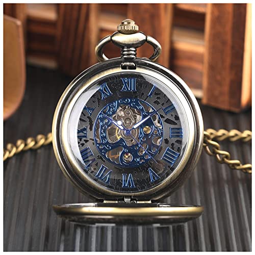 Taschenuhr Mystisches schwarzes Zifferblatt Mechanische Taschenuhr Transparent Jäger Blau Römische Ziffern Display Handwicklung Taschenuhr for Männer Taschenuhr Handaufzug von DUnLap