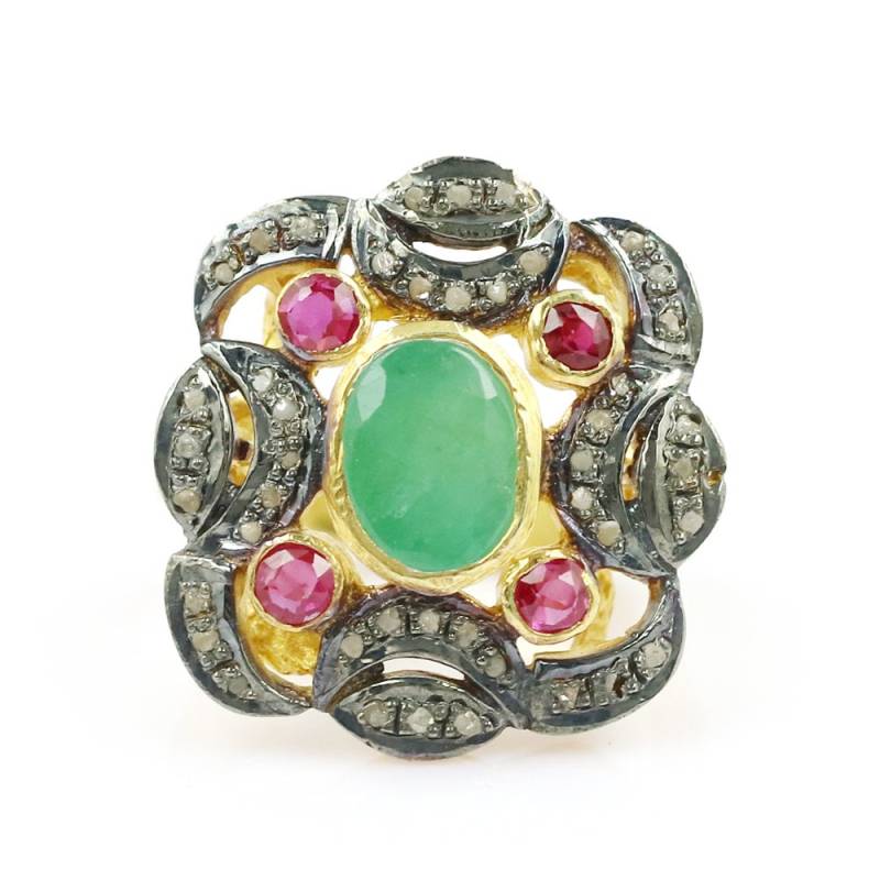 Antik Look , Smaragd Rubin Diamant Polki Ring Viktorianisch Cut Single Vergoldet von DVGJewellery