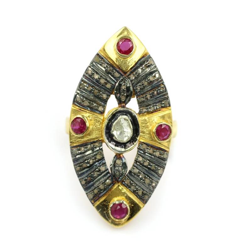 Antik Look Ring , Rubin Diamant Uncut Diamanten Single Cut Handgemachter Designer Silber 925 Vergoldet von DVGJewellery