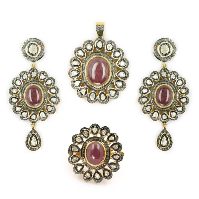 Rubin Designer Natürliche Diamant Halskette Set , Handarbeit Antik Look Silber 925 Vergoldet Uncut Single Cut von DVGJewellery