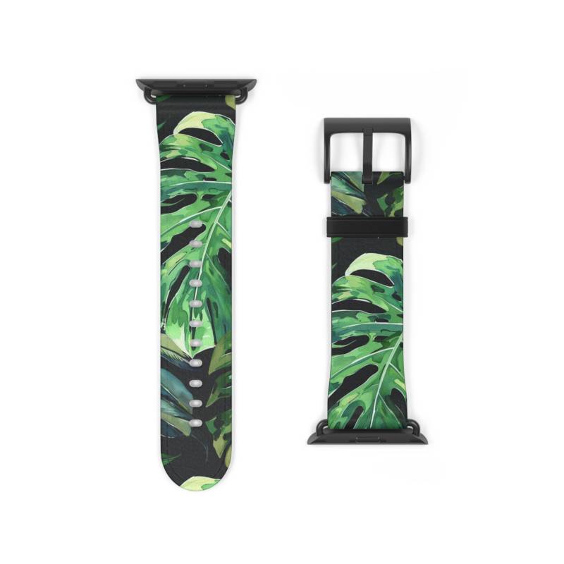 Monstera Blatt Muster Apfel Uhrenarmband Vegan Kunstleder Zimmerpflanzen Kunstvoll Trendy Ästhetisch Pflanze Mama Geschenk Dunkelgrün von DVISTees