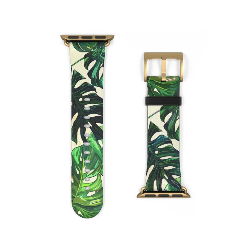 Monstera Blatt Muster Apfel Uhrenarmband Vegan Kunstleder Zimmerpflanzen Kunstvoll Trendy Ästhetisch Pflanze Mama Geschenk Dunkelgrün von DVISTees