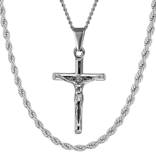 DVRK® Set 2 Silberketten Herren 55 cm Basis aus 316L Edelstahl - Kreuzkette Silber Herren und Silberkette Wasser- und Schweißbeständig - Kruzifix 35 mm - Kordel - Kreuz - Ketten für Männer DVRK® Set 2 Silberketten Herren 55 cm Basis aus 316L Edelstahl - Kreuzkette Silber Herren und Silberkette Wasser- und Schweißbeständig - Kruzifix 35 mm - Kordel - Kreuz - Ketten für Männer von DVRK
