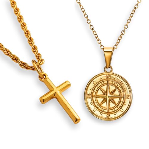 DVRK® Set 2 Gold Ketten Herren 55 cm mit Basis aus Edelstahl 316L - Kreuz Kette Gold und Goldkette Herren Kompass Wasser- und Schweißbeständig - Schmuck für Männer DVRK® Set 2 Gold Ketten Herren 55 cm mit Basis aus Edelstahl 316L - Kreuz Kette Gold und Goldkette Herren Kompass Wasser- und Schweißbeständig - Schmuck für Männer von DVRK