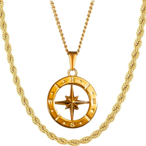 DVRK® Set 2 Goldketten Herren 55 cm mit Basis aus Edelstahl 316L - Kette Gold 18k und Goldkette Herren Kompass Wasser- und Schweißbeständig - Ketten für Männer von DVRK