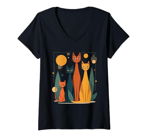 Damen Vintage Retro Mid-Century Modern Look Katzen 50er 60er Jahre Stil T-Shirt mit V-Ausschnitt von DW Mid Century Modern Cats