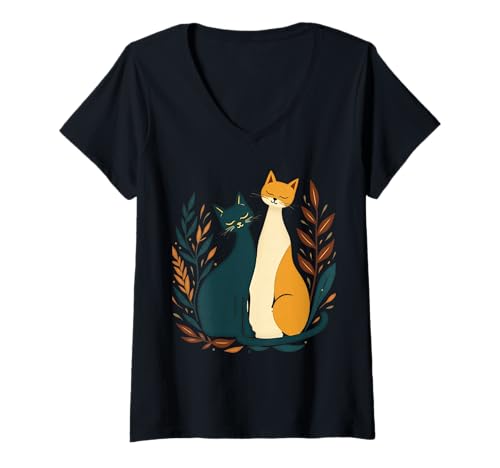 Damen Vintage Retro Mid-Century Modern Look Katzen 50er 60er Jahre Stil T-Shirt mit V-Ausschnitt von DW Mid Century Modern Cats