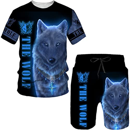Sommer Trainingsanzug für Männer Wikinger Wolf 3D Allover Bedruckt T-Shirt + Shorts Set lässig zweiteilig Set Sportbekleidung Streetwear von DWANDA