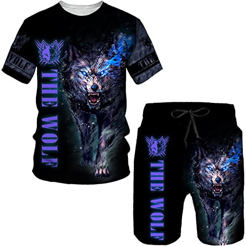 Sommer Trainingsanzug für Männer Wikinger Wolf 3D Allover Bedruckt T-Shirt + Shorts Set lässig zweiteilig Set Sportbekleidung Streetwear von DWANDA