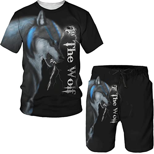 Sommer Trainingsanzug für Männer Wikinger Wolf 3D Allover Bedruckt T-Shirt + Shorts Set lässig zweiteilig Set Sportbekleidung Streetwear von DWANDA