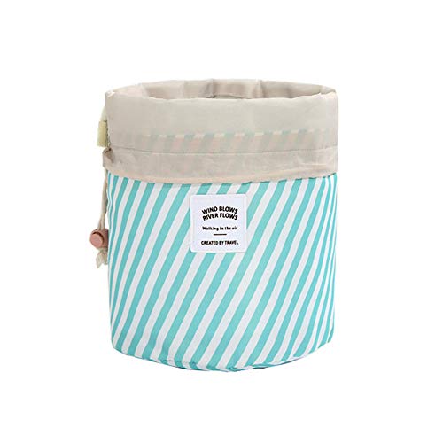 Make-up Taschen für Frauen, wasserdichte runde Reise Kordelzug Make Up Organizer Kosmetiktasche (A Blauer Streifen) von DWE