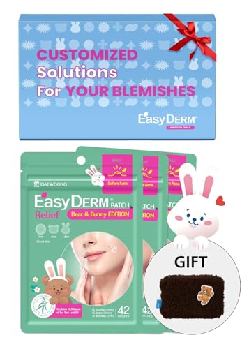 Easyderm Relief Patch Set Cute Bear & Bunny Limited Edition (126 Counts) | Hydrokolloid Pickelpflaster im Frühstadium mit 7.000 PPM Teebaumöl, Mini Bär Beutel Geschenkset, Osterhase Patches von DWEasyDerm
