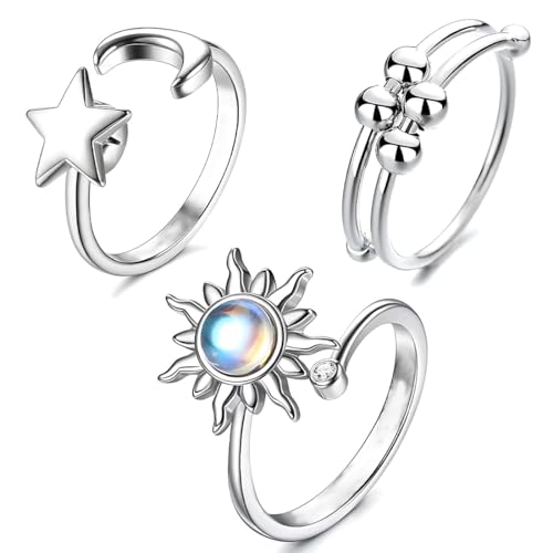 3 Stück Angst Spinning Ringe für Damen, Kupfer-versilberter Damenringe, Offener Ringe Fidget Spinner Ringe, Zirkonia Zappelringe, Verstellbare Stapelbare für Stress Abbauen,anti stress ring von DWFEYOI