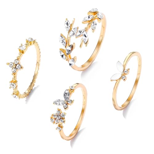 4 Stück Ring Gold Set Frauen 14 Karat Vergoldete Goldene Ringe Goldring Stapelringe Zirkonia Fingerring Knöchelringe Daumenringe Wasserfest Statement Ring Gold Schmuck Für Damen Mädchen von DWFEYOI