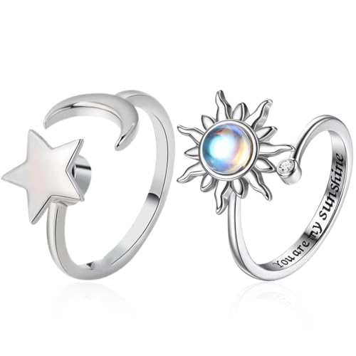 DWFEYOI 2 Stück nxiety Ring Anti Stress Ring, Fidget Ring Verstellbar Frauen Ringe Damen, Angst Ring mit Sonnensterne Calm Ring Spinning Ring Angstring für Herren Damen Geschenke von DWFEYOI