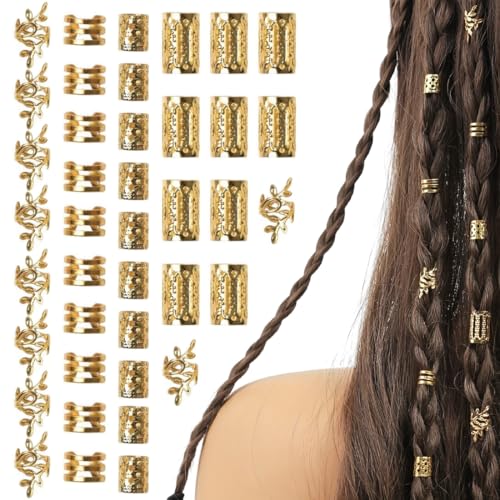 DWFEYOI 40 Stück Dreadlocks Schmuck Haarschmuck Gold, Metall Haarringe für Zöpfe, Verstellbar Cuffs Haarperlen Haarspiralen für Braids Zubehör Dekoration von DWFEYOI