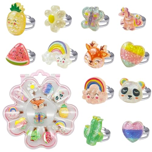 Kinderringe Mädchen, 12 Stück Einstellbare Ringe Kinder, Mädchen Ringe Set, verstellbare SchmuckRinge Set und Spiel-Verkleidungsringe für Kinder und kleine Mädchen von DWFEYOI