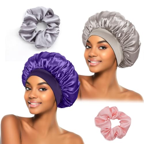 DWFEYOI Satin Schlafhaube,2 Stück Seidenhaube Verstellbar Haarhaube Seide mit 2 Stück Satin Haargummis,Nacht Schlaf Haube Damen Mädchen Atmungsaktive Schlafkappe,schlafhaube(Lila,Grau) von DWFEYOI