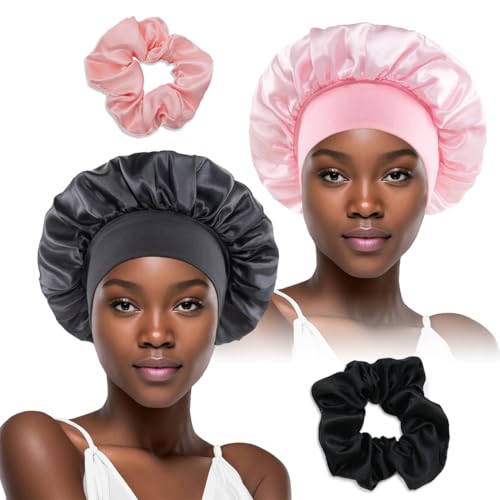 DWFEYOI Satin Schlafhaube,2 Stück Seidenhaube Verstellbar Haarhaube Seide mit 2 Stück Satin Haargummis,Nacht Schlaf Haube Damen Mädchen Atmungsaktive Schlafkappe,schlafhaube(schwarz,rosa) von DWFEYOI