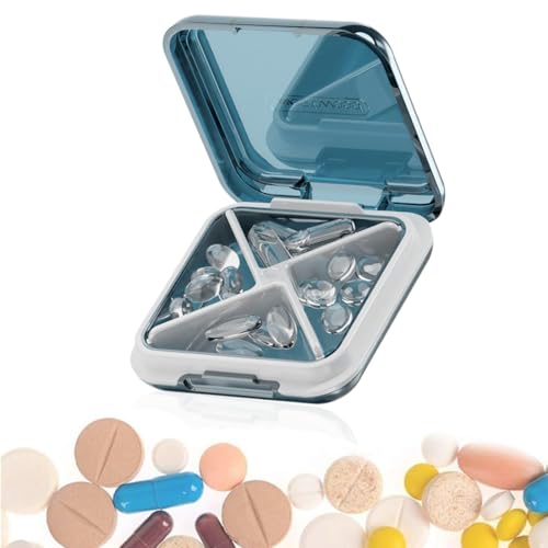 DWFEYOI Täglicher Pillen Organizer mit 4 Fächern, Tragbares Reise Pillenetui, Mini Pillenbehälter für die Handtasche, Kompakter Reise Medizin Organizer für Vitamine(Blau) von DWFEYOI