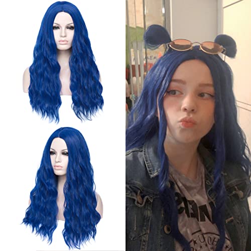 Dwmglp 24" dunkelblau gewellte lockige Perücke für Frauen hitzebeständige Faser Perücken für Halloween Cosplay tägliche Party + dunkelblaue Mütze von DWMGLP