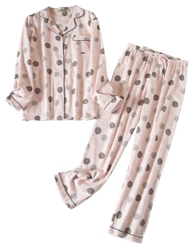 DWPEXLET Damen-Pyjama-Set, Flanell-Baumwolle, langärmelig, Knopfleiste, Oberteil, Hose, warme Nachtwäsche, Größe S-XL, rose, M von DWPEXLET