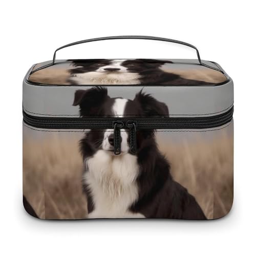DWTJKMS Border Collie Make-up-Tasche, Kosmetik-Organizer, große tragbare Kapazität, Make-up-Tasche für Damen, Reise-Kulturbeutel mit Griff und Trennwand von DWTJKMS