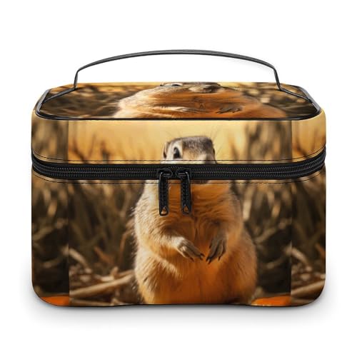 DWTJKMS Handgezeichnete Murmeltier-Make-up-Tasche, Kosmetik-Organizer, große tragbare Kapazität, Make-up-Tasche, Damen, Reise-Kulturbeutel mit Griff und Trennwand von DWTJKMS