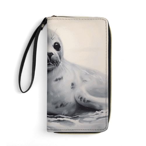 DWTJKMS Harp Seal Painting Long Wallet Slim PU Leather Wallets for Men Women Minimalist Wallet with Card Slots, White, 19.7x10.5cm, weiß, 19.7x10.5cm von DWTJKMS