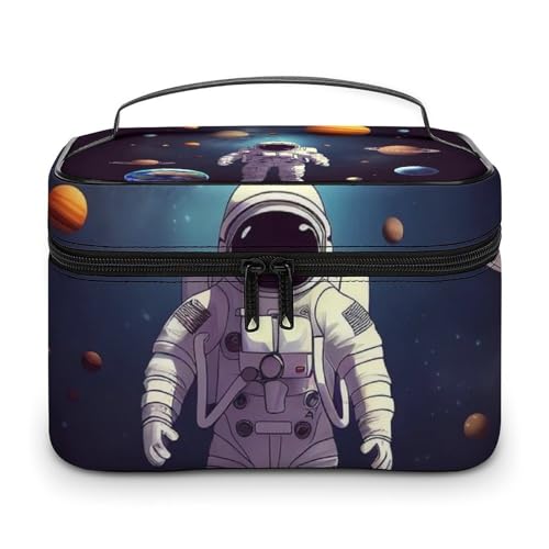 DWTJKMS Kosmetiktasche mit Astronauten-Sonnensystem, Planeten, große tragbare Kapazität, Make-up-Tasche, Damen, Reise-Kulturbeutel mit Griff und Trennwand von DWTJKMS