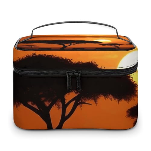 DWTJKMS Kosmetiktasche mit Griff und Trennwand, Motiv: Sonnenuntergang, afrikanische Savanne, große tragbare Kapazität, Make-up-Tasche für Damen, Reise-Kulturbeutel von DWTJKMS